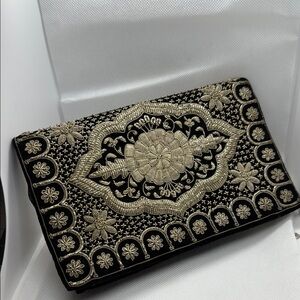Vintage Baroque Black and Gold Clutch with Ornate Medallion